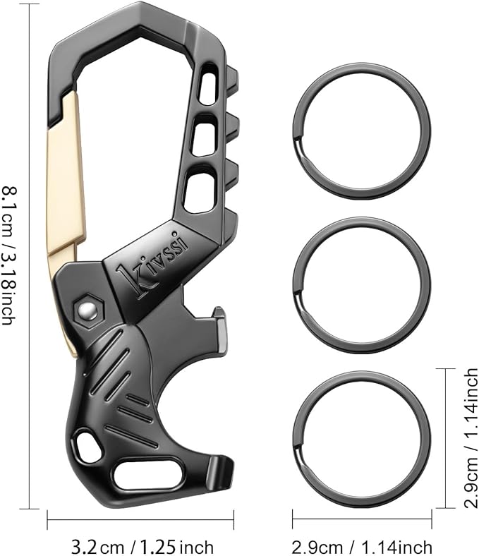 Kivssi Heavy duty metal keychains, Carabiner clip Car key chains,Fashion family keychain bottle opener and 3 Key Rings suitable for men and women.（Gold-1pcs）