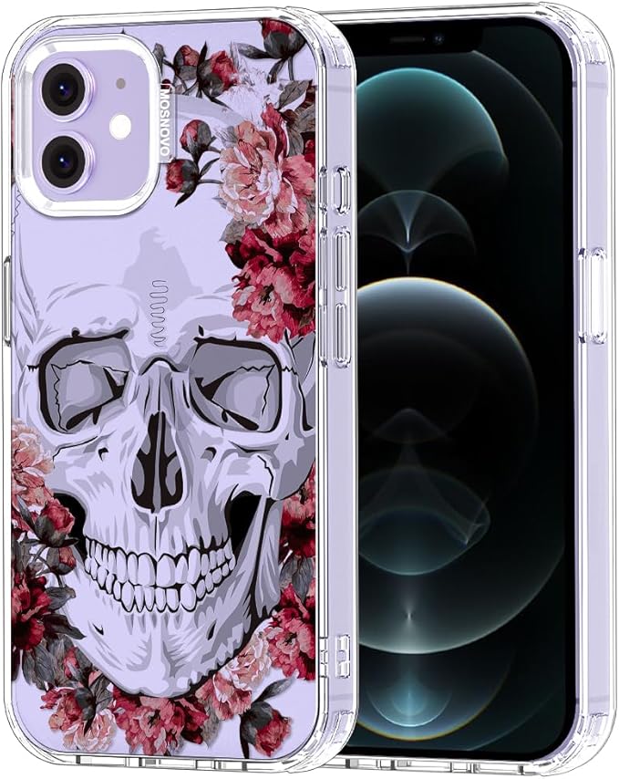 MOSNOVO Case for iPhone 12 & iPhone 12 Pro, [Buffertech 6.6ft Military-Grade Drop Protection] [Anti Peel Off Tech] Clear TPU Bumper Phone Case Cover Design - Red Flower Skull