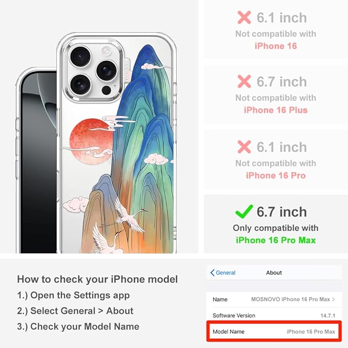 MOSNOVO for iPhone 16 Pro Max Case, Shockproof Military-Grade Protection 6.6ft Drop Tested, Clear Phone Case for iPhone 16 Pro Max, Celestial Cranes Design