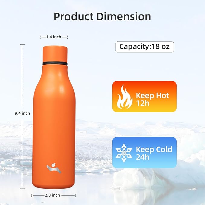 Konokyo Insulated Water Bottle with Strap,18 oz Double Wall Stainless Steel Vacuum Bottles Metal Water Flask,Orange