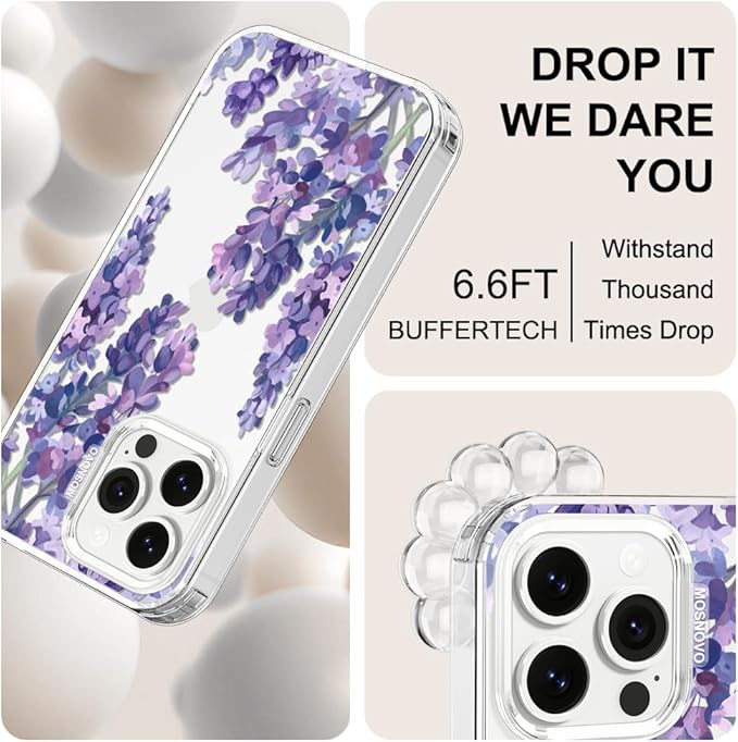MOSNOVO Case for iPhone 13 Pro, [Buffertech 6.6ft Military-Grade Drop Protection] [Anti Peel Off Tech] Clear TPU Bumper Phone Case Cover Design - Lavender