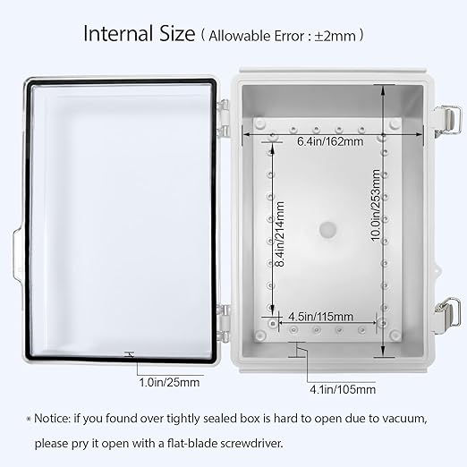 LeMotech Electrical Box, IP67 Waterproof Hinged Clear Cover Stainless Steel Latch Junction Box, ABS Plastic Electrical Enclosure with Mounting Plate,Wall Brackets, Cable Glands,11.4"x7.5"x5.5",Grey