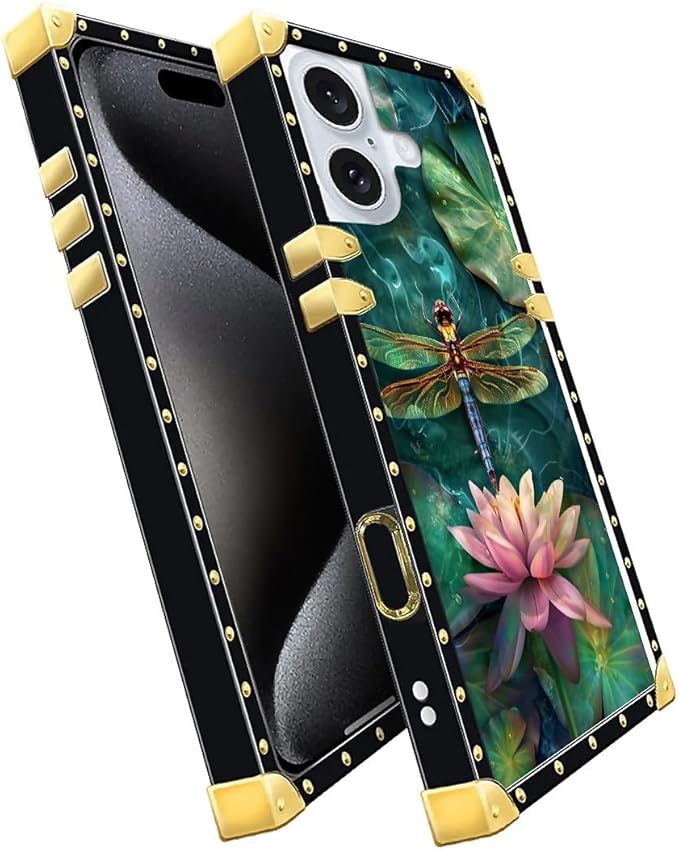 Compatible with iPhone 16 Plus Case, Colourful Dragonfly Pink Lily Pads Luxury Golden Decoration for Girl Women Soft TPU Shockproof Protective Hard PC Back