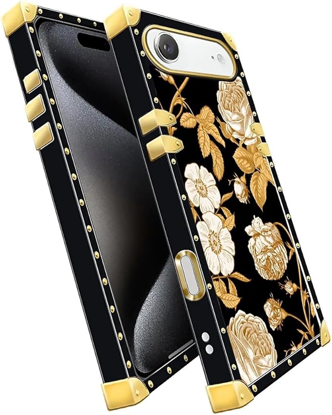for iPhone 17 Air Case Luxury Golden Decoration for Girl Women Soft TPU Shockproof Protective Hard PC Back for iPhone 17 Air Crazy Pattern Blooming Rose Golden Flower