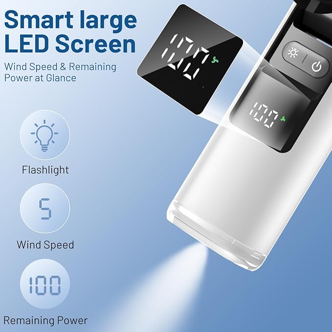 Lerat Portable Handheld Turbo Fan, 5 High-Speed Wind, Battery Operated, Up to 12H Runtime, 3 IN 1 Hand Fan with LED Display & Flashlight, Personal Cooling Fan for Travel, Outdoor, Beach Essentials