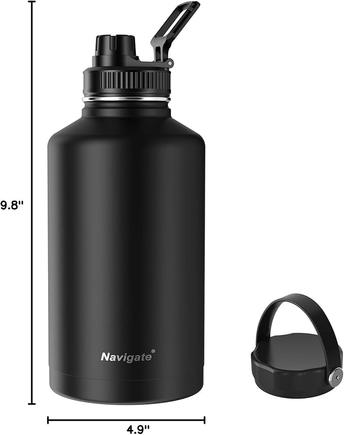 Navigate 64 oz Stainless Steel Insulated Water Bottle,Double Walled Leak Proof Keep Cold for 24 Hrs Hot for 12 Hrs,Wide Mouth Water Jug with Spout & Handle Lids,Black