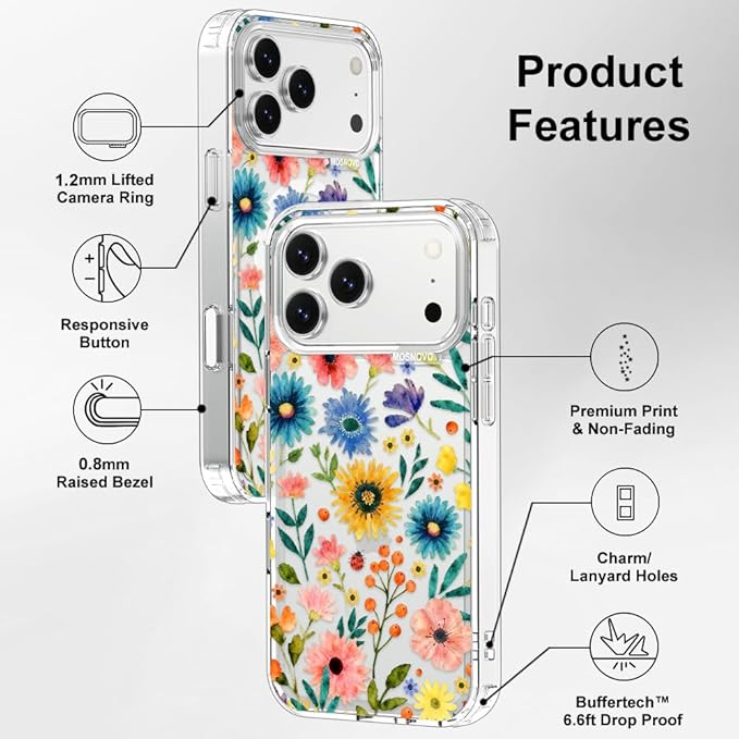 MOSNOVO for iPhone 17 Pro Max Case, Shockproof Military-Grade Protection 6.6ft Drop Tested, Camera Control, Clear Phone Case for iPhone 17 Pro Max, Wildflower Bloom Design
