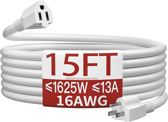 16/3 Indoor Extension Cord 15 FT, White Extension Cord Flexible & Durable, 3 Prong Power Cable, Suitable for Home and Office, 13 Amp 1625 Watt 125VAC 16AWG, ETL Listed