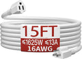 16/3 Indoor Extension Cord 15 FT, White Extension Cord Flexible & Durable, 3 Prong Power Cable, Suitable for Home and Office, 13 Amp 1625 Watt 125VAC 16AWG, ETL Listed
