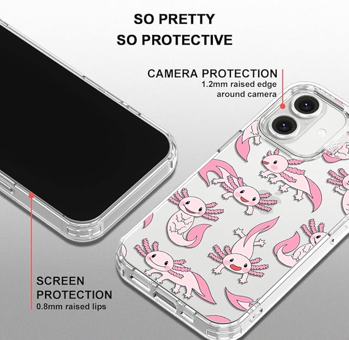 MOSNOVO Case for iPhone 16 Plus, [Buffertech 6.6ft Military-Grade Drop Protection] [Anti Peel Off Tech] Clear TPU Bumper Phone Case Cover Design - Pink Axolotl