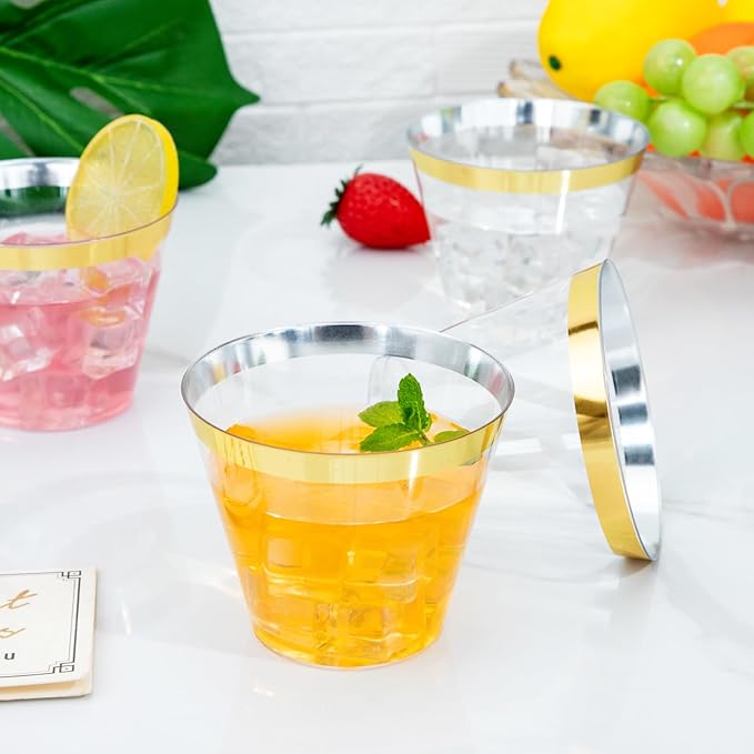 I00000 60PCS Gold Plastic Cups, 9 oz Clear Disposable Cups with Golden Trim, Heavy-Duty Disposable Hard Plastic Wine Glasses Cocktail Glasses Perfect for Party & Wedding