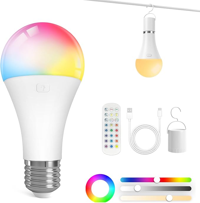 KINDEEP Rechargeable Light Bulbs with Remote, E26 Battery Operated LED Bulb: 2000mAh Dimmable Wireless Backup Light Bulb with 15 Colors & 3 Timer for Non-Hardwired Lamps Wall Sconce, 1 Pack