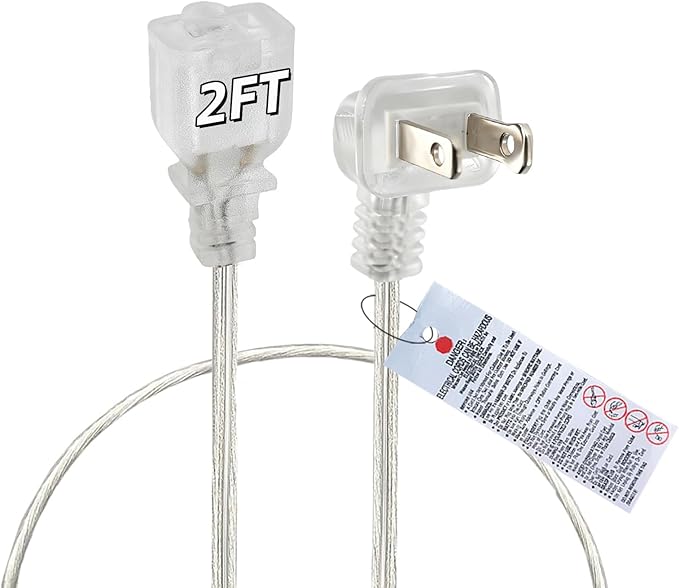 Clear Extension Cord 2FT, Short Indoor 2 Prong Extension Cord with Flat Plug, Invisible Slim Extension Cable for Christmas Lights, Lamps & Holiday Lighting (18AWG, 10A/125V)