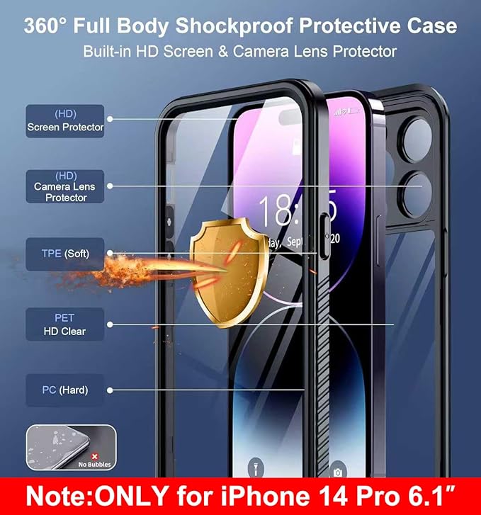SPIDERCASE Only Designed for iPhone 14 Pro Case Waterproof,Built-in Lens & Screen Protector, Full Heavy Duty Protection,12FT Military Shockproof, Dustproof, Anti-Scratched Phone Case,Black/Clear