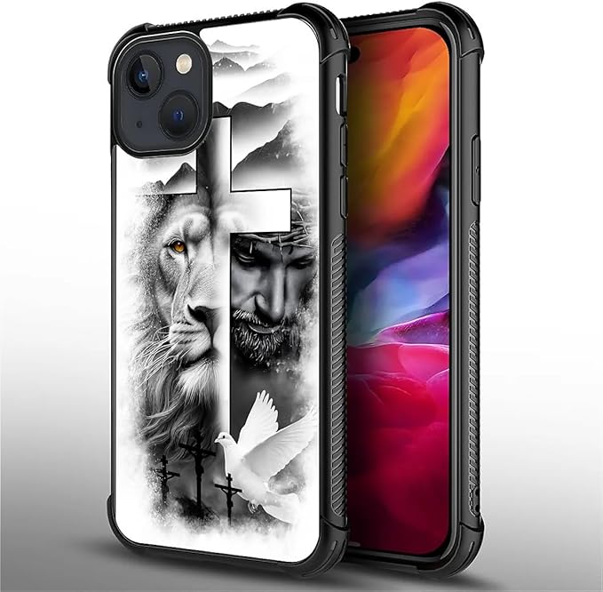 for iPhone 15 Plus Case, Lion Cross Jesus Christ Dove Pattern Made of Soft Silicone Hard Acrylic Shock Protection for iPhone 15 Plus