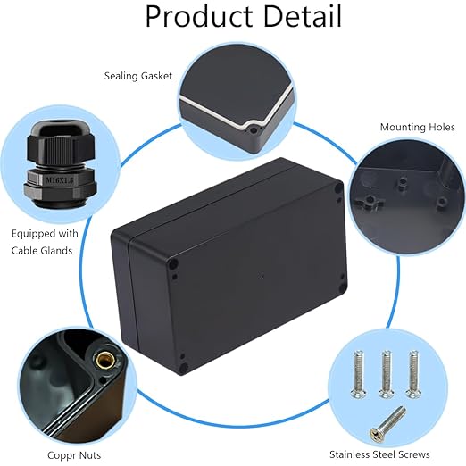 Junction Box IP65 Waterproof ABS Plastic Electrical Project Case Power Junction Boxes, Project Box with 4 PCS M16 Cable Glands 6.22x3.54x2.36 inch (158 x 90 x60 mm)
