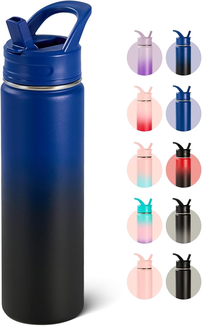 Fijinhom 24oz Insulated Stainless Steel Water Bottle with Straws, Double Wall Vacuum Insulated Bottles, Metal Thermo for Travel, Sports, Leak-Proof, BPA Free, Women & Men, Blue Gradient