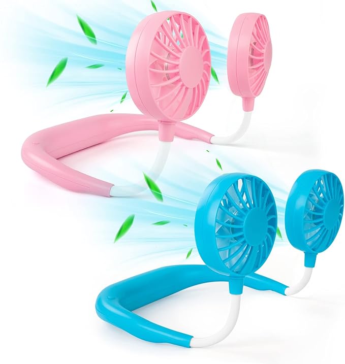 Portable Neck Fan Rechargeable Personal Hand-Free Fan Mini USB Wearable Neckband Sport Fan, 3 Speed Adjustable, 360 Degrees Free Rotation Perfect for Working, Traveling,Office, Reading (Blue Pink)