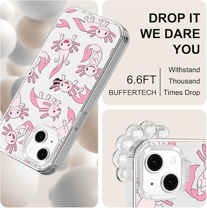 MOSNOVO for iPhone 13/14 Case | Military Grade 6.6ft Drop Tested | Clear with Pink Axolotl Design