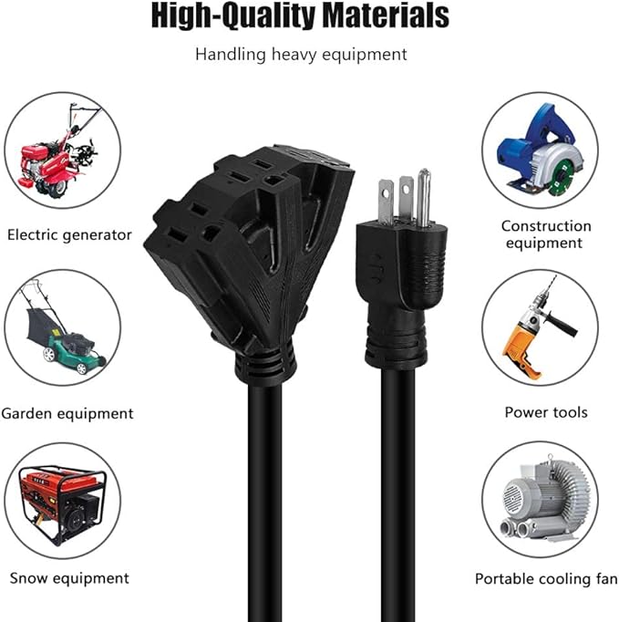 1 FT 12/3 Outdoor Extension Cord, Heavy Duty 3-Outlet SJTW Indoor/Outdoor Three-Prong Power-Cord 12-Gauge Grounded 15-Amp 1875 Watts