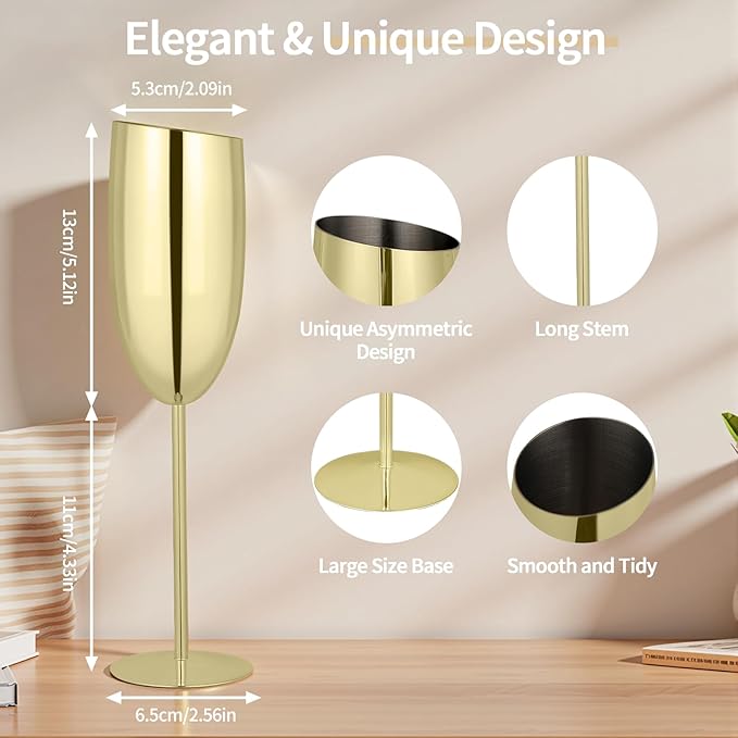 TJ Champagne Glasses Set of 4 Stainless Steel Champagne Flutes 8.5 oz Unbreakable Gold Champagne Glasses Reusable Indoor Outdoor Travel Drinkware for Party Wedding Christmas Anniversary Birthday
