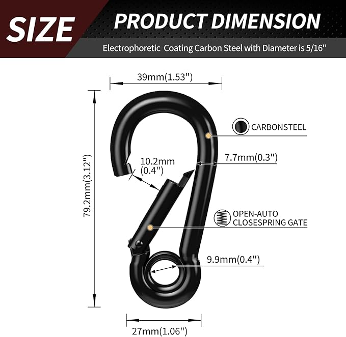 Spring Snap Hooks, Black Carabiner Clip, Heavy Duty Rope Connector, Quick Link Carabiners Spring Snap Hooks for Indoor & Outdoor, Camping, Fishing