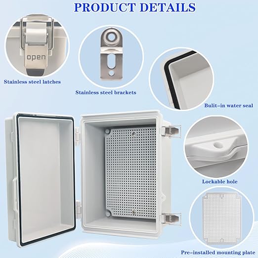 Outdoor Waterproof Electrical Box Junction Box Weatherproof IP67 ABS Plastic Enclosure Switch Router Project Box Electronics DIY Enclosure With Mounting Plate Wall Bracket Grey 8.6"x6.6"x4.3"