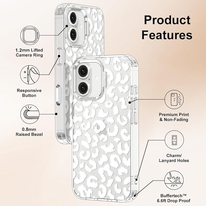 MOSNOVO Case for iPhone 16, [Buffertech 6.6ft Military-Grade Drop Protection] [Anti Peel Off Tech] Clear TPU Bumper Phone Case Cover Design - White Leopard Print