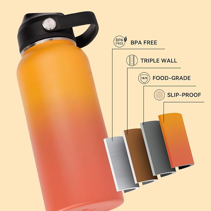 Fijinhom 32oz Insulated Stainless Steel Water Bottle, Wide Mouth Double Wall Vacuum, Silicone Straw, Sweat & Leak Proof, BPA Free Insulated Water Flask for Travel, Keep Cold 24h Hot 12h, Orange