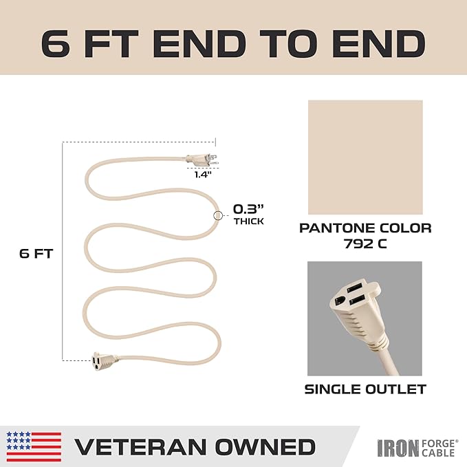 Iron Forge Cable Weatherproof 6 Ft Outdoor Extension Cord - 16/3 SJTW Heavy Duty Light Brown Extension Cord 3 Prong - 13 Amp Exterior Power Cable
