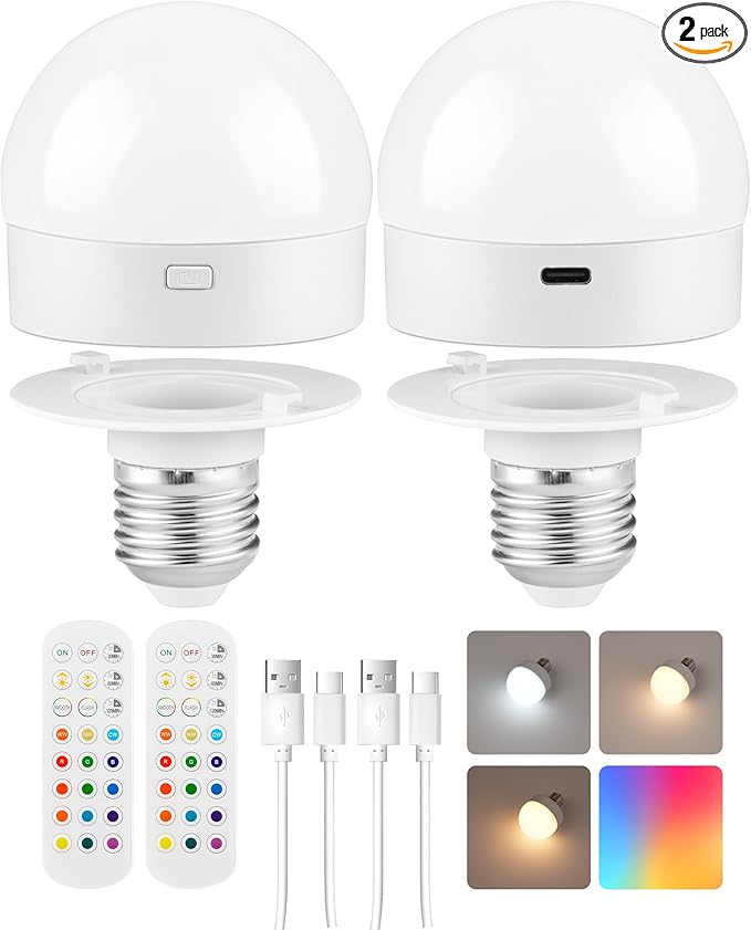 Rechargeable Light Bulbs with Remote Control, Battery Operated Light Bulbs, 3 Timer 15 Colors Selectable, Dimmable Wireless RGB LED Bulb for Wall Sconce, Non-Hardwired, 2 Pack, R01YBP206