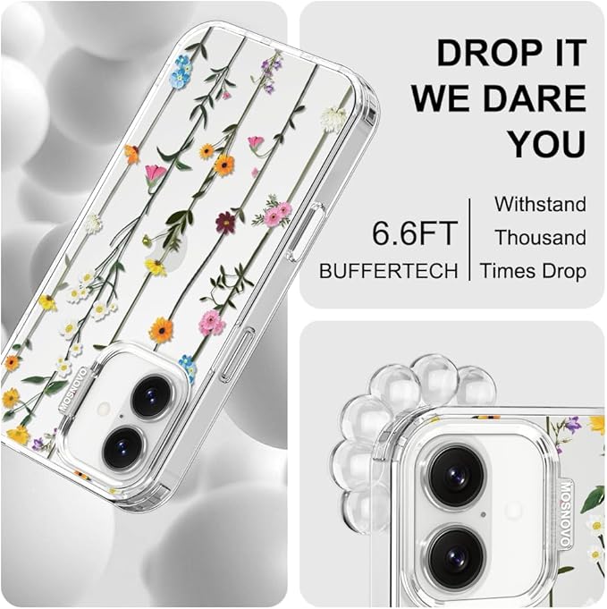 MOSNOVO for iPhone 17 Case | Military Grade 6.6ft Drop Tested | Camera Control | Clear with Wildflowers Design