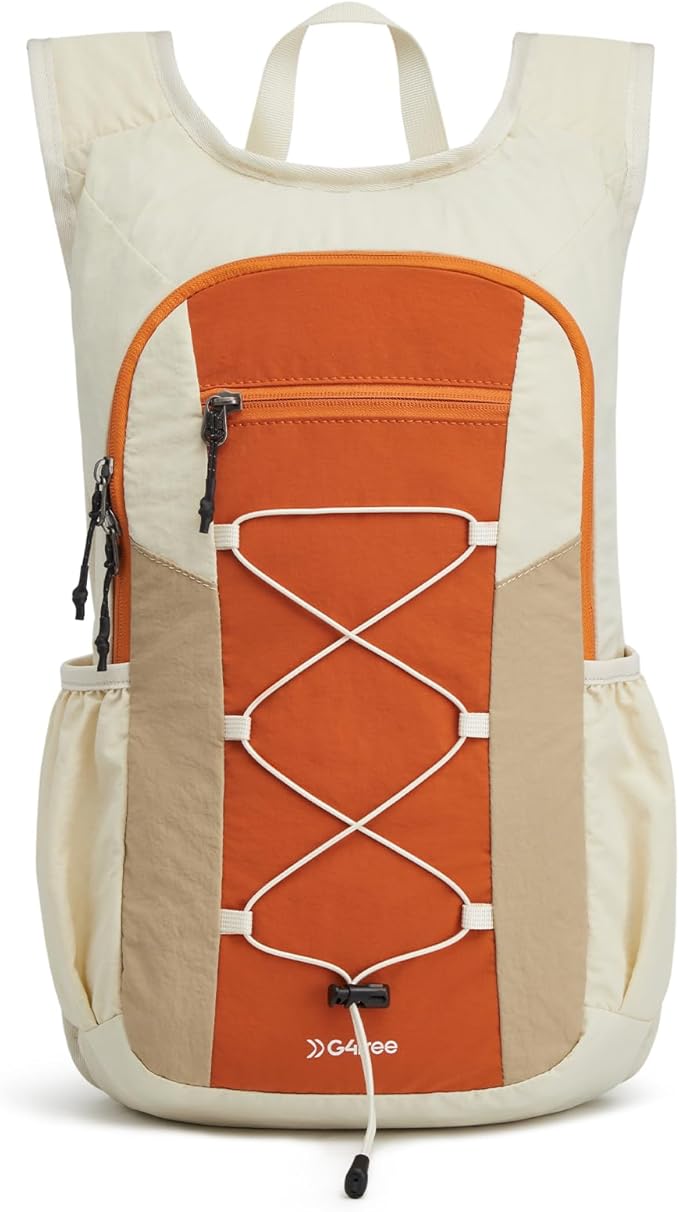 G4Free 20L Hiking Backpack Lightweight Daypack with Phone Pocket Small Packable Foldable Hiking Bag for Women Men, Orange+Beige