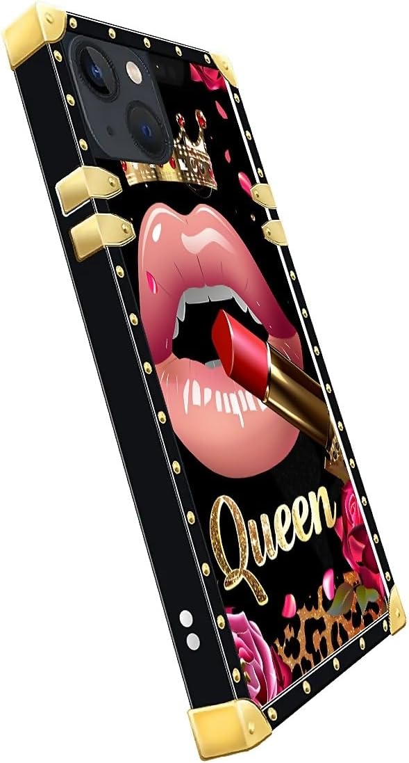 Compatible with iPhone 15 Case, Glitter Red Rose Queen Leopard Lipstick Luxury Golden Decoration for Girl Women Soft TPU Shockproof Protective Hard PC Back for iPhone 15
