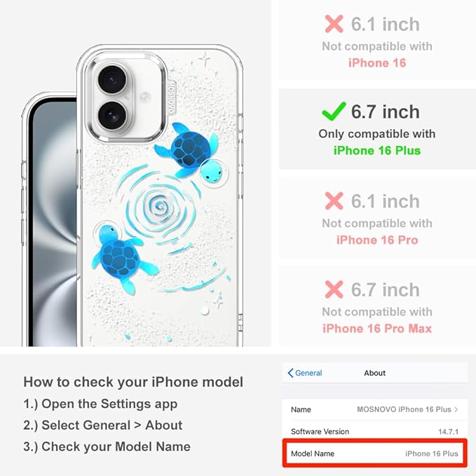 MOSNOVO Case for iPhone 16 Plus, [Buffertech 6.6ft Military-Grade Drop Protection] [Anti Peel Off Tech] Clear TPU Bumper Phone Case Cover Design - Space Turtle