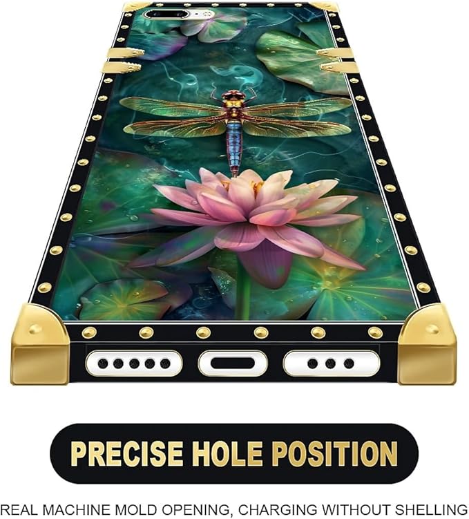 Compatible with iPhone 8 7 SE Case, Colourful Dragonfly Pink Lily Pads Luxury Golden Decoration for Girl Women Soft TPU Shockproof Protective Hard PC Back for iPhone 8 7 SE