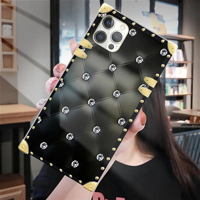 Compatible with iPhone 12/12 Pro Case, Shiny Black Sofa Crystal Luxury Golden Decoration for Girl Women Soft TPU Shockproof Protective Hard PC Back