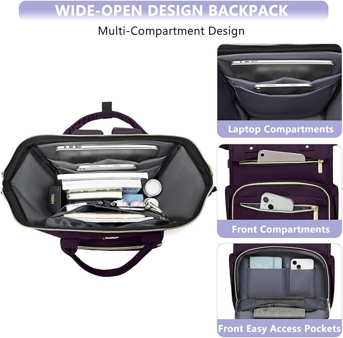 Focdod Laptop Backpack for Women Work Bags - 15.6 Inch Professional Womens Travel Backpack Purse Computer Laptop Bag Nurse Teacher Backpack Waterproof Carry on Back Pack Dark Purple