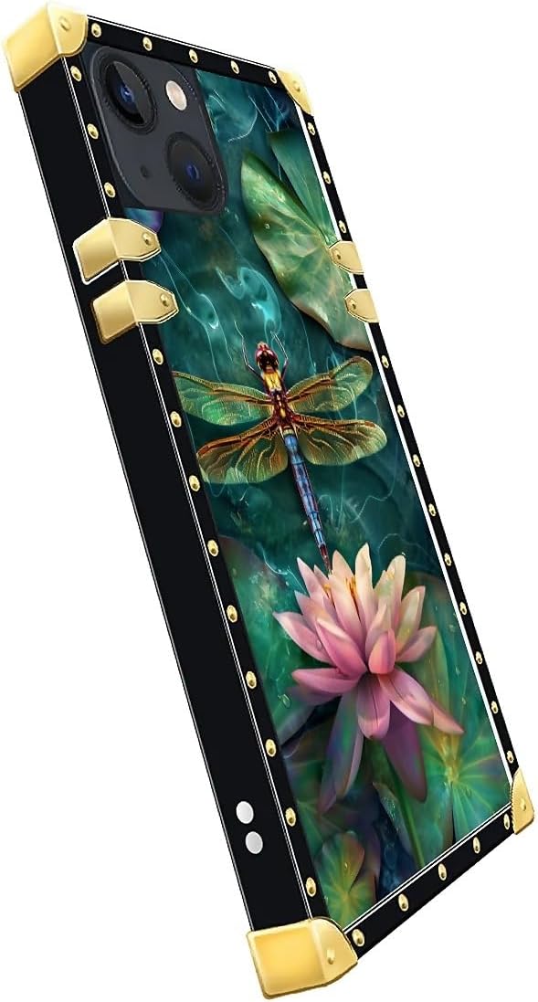 Compatible with iPhone 15 Case, Colourful Dragonfly Pink Lily Pads Luxury Golden Decoration for Girl Women Soft TPU Shockproof Protective Hard PC Back for iPhone 15