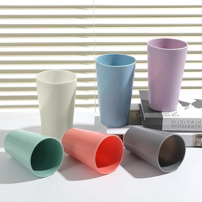 HEYCOME 24 Pcs Unbreakable Plastic Cups Set, 12 Pcs 14 oz and 12 Pcs 20 oz Reusable Plastic Cups, Stackable Water Tumblers, Drinking Cup for Kitchen, BPA-free, Dishwasher and Microwave Safe, 6 Colors