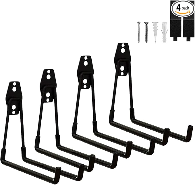 Garage Hooks Heavy Duty, 4 Pack Large Square Steel Garage Storage Hooks with Anti-Slip Coating, Multi-Purpose Ladder Hooks for Hanging Garden Tools, Hoses, Bikes and Folding Chairs (Black)