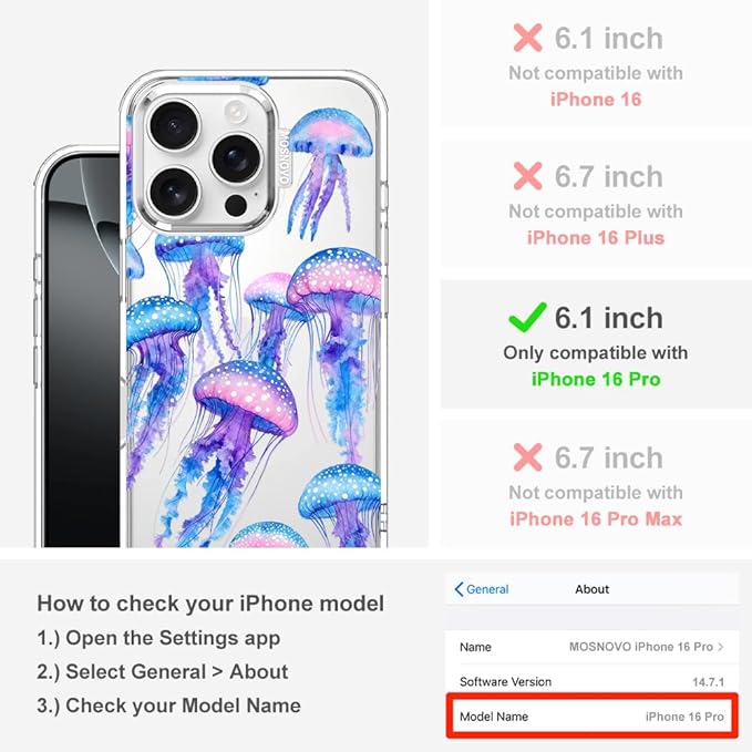 MOSNOVO for iPhone 16 Pro Case, Shockproof Military-Grade Protection 6.6ft Drop Tested, Clear Phone Case for iPhone 16 Pro, Mystic Jellyfish Design