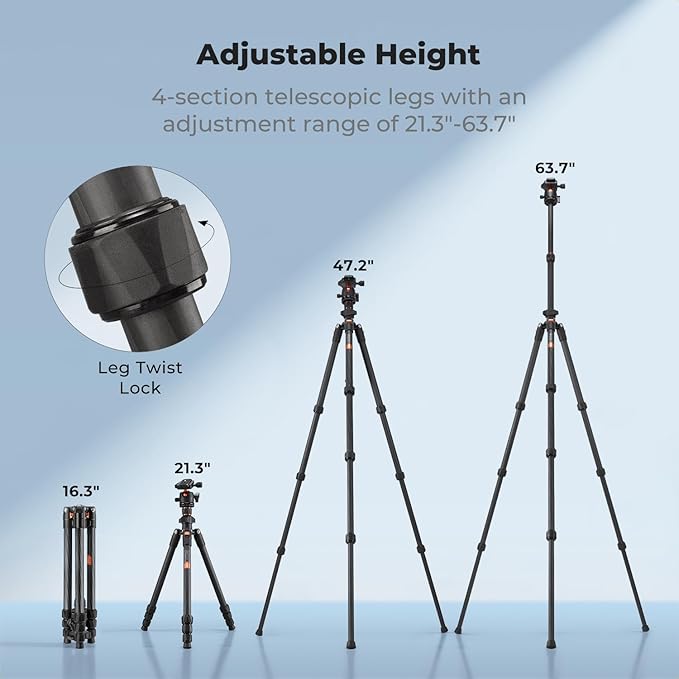 K&F CONCEPT 64" Carbon Fiber Camera Tripod,Lightweight Travel Tripod with 36mm Metal Ball Head Load Capacity 17.6lbs, Quick Release Plate,for DSLR Cameras Indoor Outdoor Use O254C2+BH-36