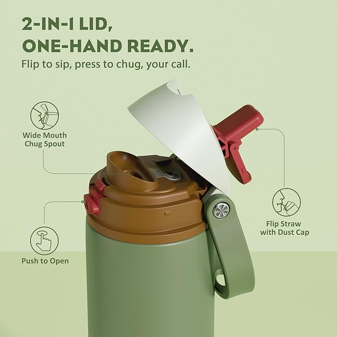 POWCAN 24 oz Insulated Water Bottle for Men: 2-in-1 Push-Button Spout & Quick-Flip Straw, Leakproof, Cold 24Hrs, Fits Car Cup Holder, Stainless Sports Bottle for Travel, Camping, Gift (Hunter Crest)