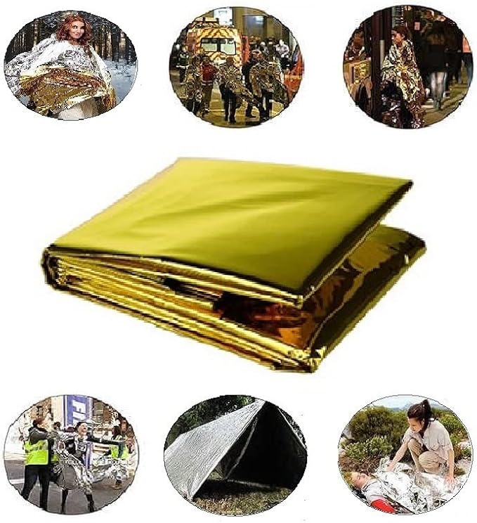 GALAXYLENSE Emergency Mylar Thermal Blanket for Survival First Aid Kits Army Outdoors Hiking Camping Bug Out Trauma Desert All Weather Condition Protection (150 Packs Gold)