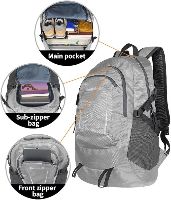 30L Large capacity Lightweight Packable Foldable Backpack，women and men Hiking backpack，Outdoors Travel Backpack (Silver Grey)