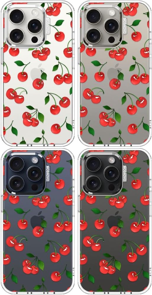 MOSNOVO Case for iPhone 15 Pro, [Buffertech 6.6ft Military-Grade Drop Protection] [Anti Peel Off Tech] Clear TPU Bumper Phone Case Cover Design - Cute Cherry
