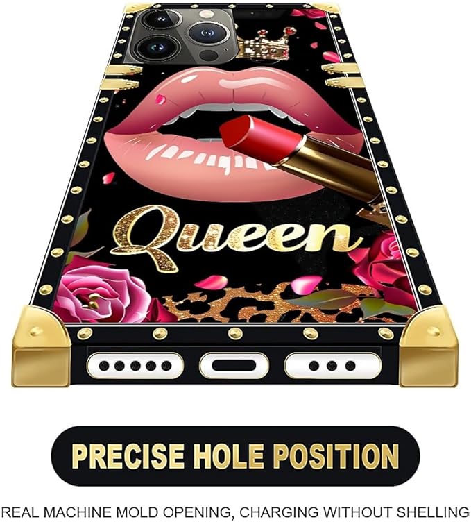 Compatible with iPhone 16 Pro Max Case, Glitter Red Rose Queen Leopard Lipstick Luxury Golden Decoration for Girl Women Soft TPU Shockproof Protective Hard PC Back