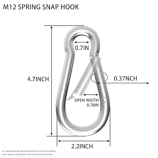 Carabiner, Heavy Duty Galvanized Steel Spring Snap Hook Carabiner Clips with 1000LBS Holding Capacity, Ideal for Outdoor, Hammock, Swing and Travel (M12 4.7Inch, 2PCS)