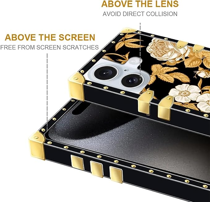Compatible with iPhone 16 Plus Case, Blooming Rose Golden Flower Luxury Golden Decoration for Girl Women Soft TPU Shockproof Protective Hard PC Back for iPhone 16 Plus